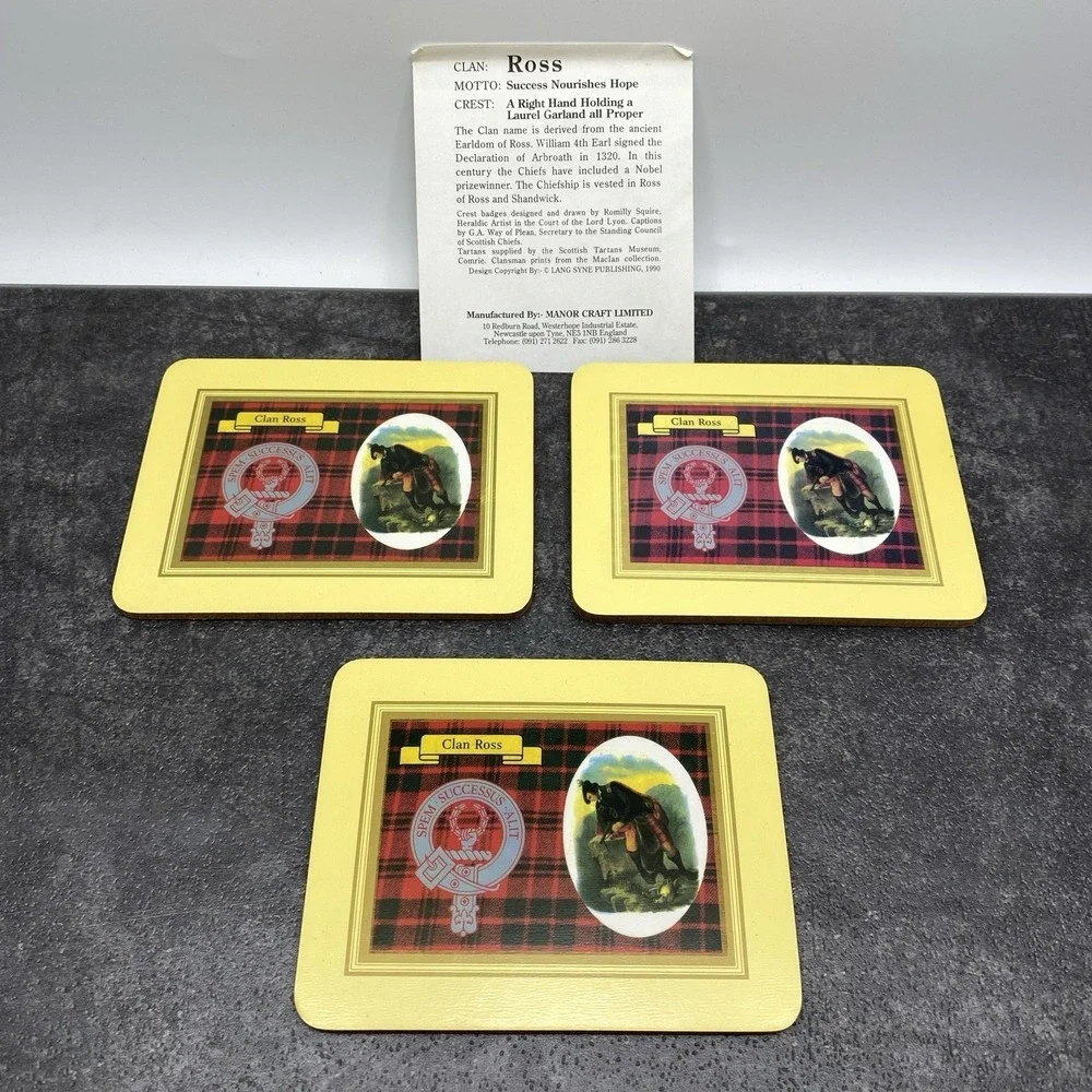 Vintage 3 pcs Cork Backed Coasters Clan Ross Scotland Tartan Manor Craft England